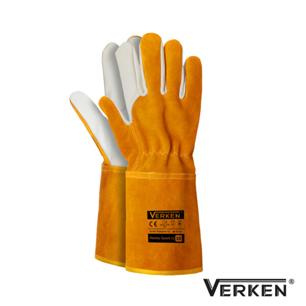 Rękawice Skórzane Spawalnicze z Mankietem Skóra Licowa Dwoina Bydlęca Verken Honey Spark