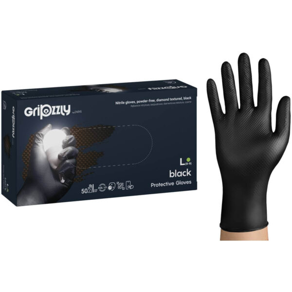 Rękawice Nitrylowe Czarne Rękawiczki Warsztatowe bezpudrowe Gripzzly 50 szt